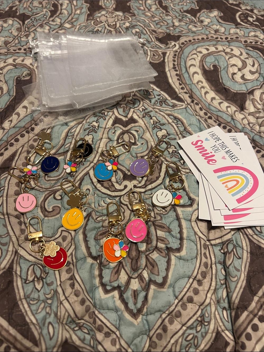 Cute Multicolor Smiley Keychain Charms, bags and cards 10 count